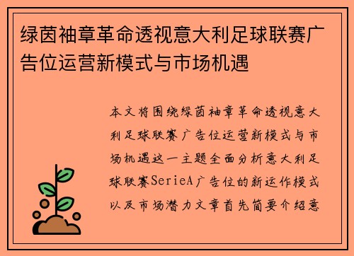 绿茵袖章革命透视意大利足球联赛广告位运营新模式与市场机遇