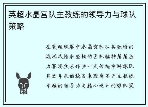 英超水晶宫队主教练的领导力与球队策略