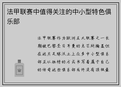 法甲联赛中值得关注的中小型特色俱乐部